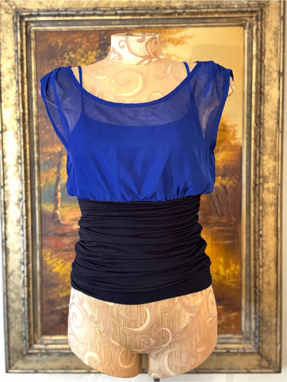 Y2K Moa Moa Royal Blue & Black Ruched Mesh Blouse - Size Small